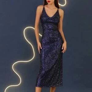 Donna Morgan Navy Blue Sequin V-Neck Midi Dress Womens Size 2 Formal Slit